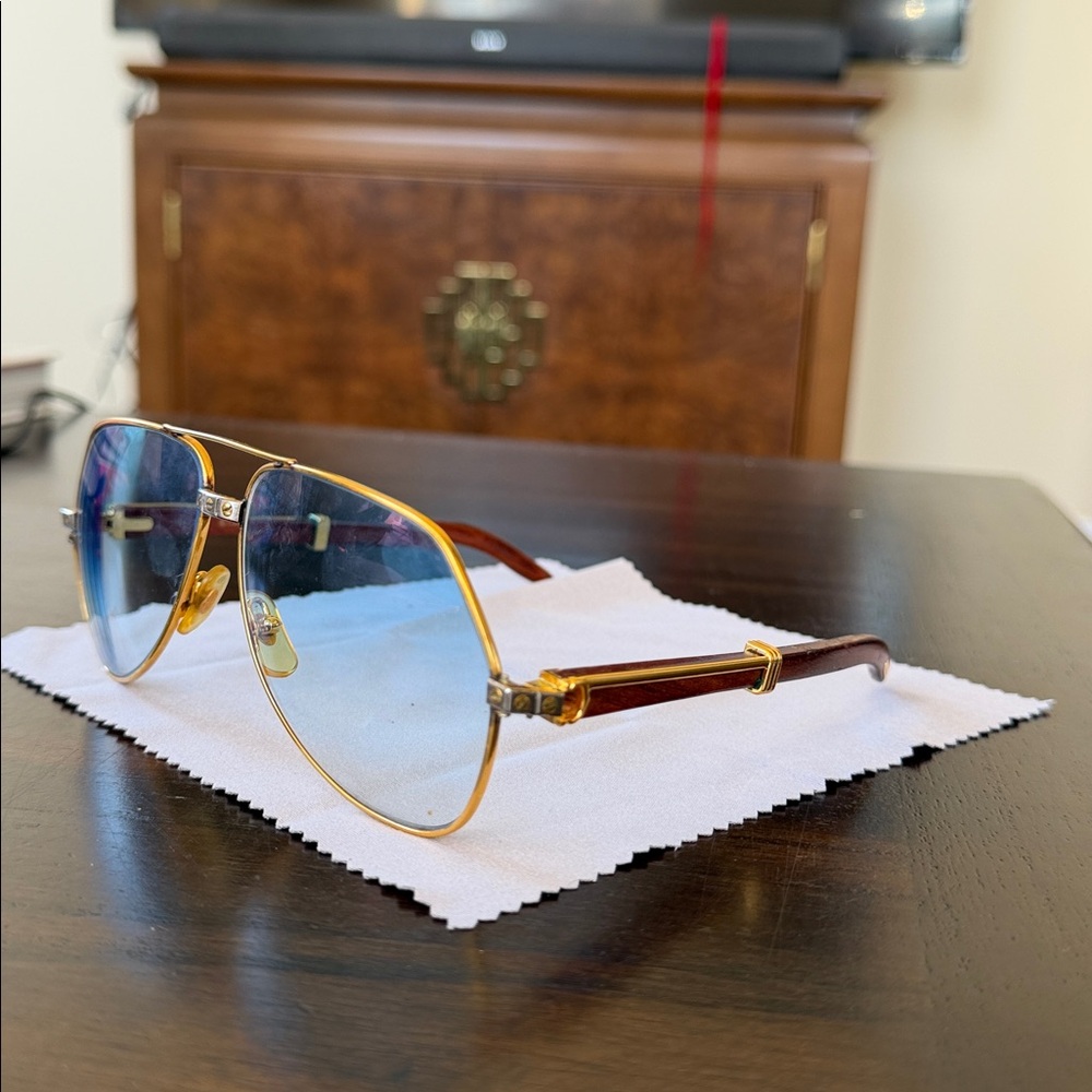 Vintage Cartier Malmaison Sunglasses Bubinga Wood Gold Plated Made in France 90s